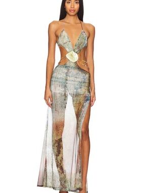 Jaded London Teal-Green Velvet Maxi Dress with Shell Accent
